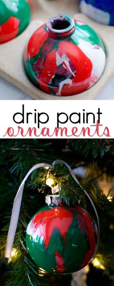 an ornament hanging from a christmas tree with the words drip paint ornaments on it