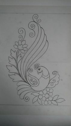 a drawing of a bird with swirls and flowers on it's back side