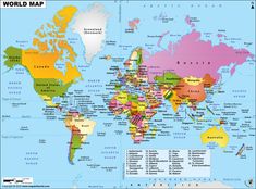 a world map with all the countries and major cities on it's borders, labeled in bright colors