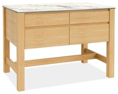 a wooden table with two drawers and marble top on the bottom, against a white background