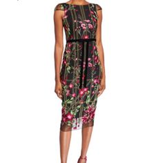 Never Worn Black Spring Evening Dresses, Spring Evening Sheath Midi Dress, Spring Sheath Mini Dress For Evening, Spring Evening Sheath Mini Dress, Spring Evening Midi Dress Knee-length, Dressy Evening Midi Dress For Spring, Black Sheath Dress For Spring, Black Floral Print Sheath Midi Dress, Chic Floral Print Midi Dress For Evening