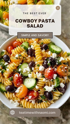 the best ever cowboy pasta salad is made with simple and savory ingredients like cucumbers, tomatoes, black olives, lettuce, feta