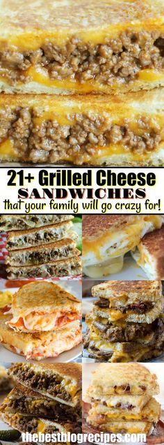 grilled cheese sandwiches with ground beef and melted cheese on top, stacked together in a collage