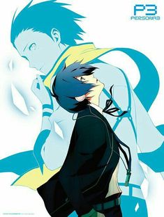 an anime character is standing next to another character with blue hair and black clothes, in front of a white background