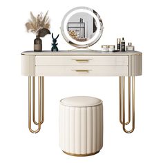 a dressing table with a mirror, stool and candle holder on the top shelf next to it