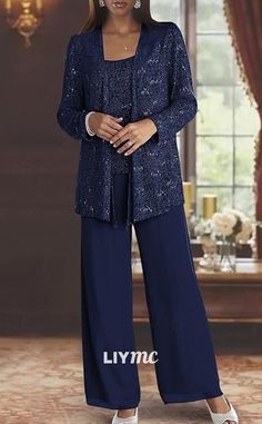 This 3 piece mother of the bride dress features an elegant jumpsuit and pantsuit, with a scoop neck for a flattering neckline. Adorned with sequins, the floor length design exudes sophistication and style. Perfect for weddings and formal occasions. Elegant Floor-length Festive Pant Set, Elegant Luxury Semi-formal Pantsuit, Elegant Semi-formal Full-length Pantsuit, Elegant Wide-leg Pants Sets For Formal Occasions, Elegant Embellished Floor-length Pant Set, Homecoming Formal Dresses, Jumpsuit Elegant, Mother Wedding Dress, Mothers Dresses