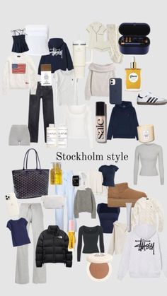 an assortment of clothing and accessories arranged in the shape of a collage with text that reads stockholm style