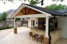 a covered patio with chairs and table next to it