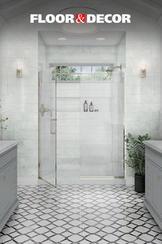 a bathroom with white tile floors and walls