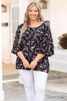 Chic Soul plus size clothing, black top with floral pattern and open tie back Black Floral Print Vacation Blouse, Chic Black Floral Print Tops, Chic Black Rayon Top, White Skinnies, Off Shoulder Dresses, Midi Dress Party, Maxi Dress Party, Model Fits, Off Shoulder Tops