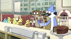 a cartoon character is holding a piece of chocolate cake in front of several ducks on the counter