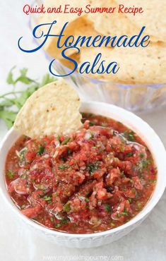 quick and easy summer recipe homemade salsa in a white bowl with tortilla chips