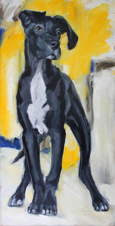 a painting of a black and white dog