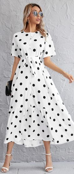 Spring Work Outfits, Polka Dots Fashion, White Polka Dot Dress, Long Dress Casual, Indian Ethnic Wear, Vestido Casual, Type A, Style Elegant