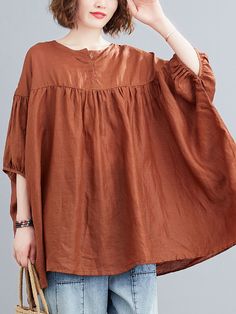 Casual Loose Split-Joint Batwing Sleeves V-Neck Shirts Top CARAMEL-FREE SIZE Batwing Sleeve Shirt, Batwing Sleeve Top, White Long Sleeves, Baby Boy Dress, Short Sleeve Dress Shirt, Loose Shirts, Oversized Top, Maxi Dress With Sleeves, Trendy Tops