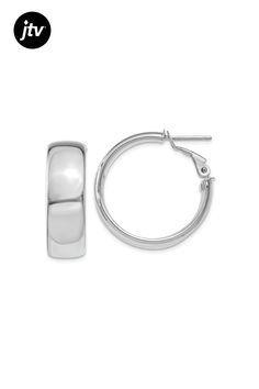 Rhodium over 14k white gold hoop earrings. Measure approximately 15/16"L x 5/16"W and have omega clip back closure. Classic Nickel-free Huggie Jewelry, Classic Round Clip-on Huggie Earrings, Classic Huggie Earrings With Spring Ring Clasp For Anniversary, Modern Polished Round Clip-on Earrings, Classic Clip-on Huggie Earrings For Everyday, Classic Clip-on Hoop Earrings, Classic Everyday Clip-on Huggie Earrings, Modern Polished Finish Round Clip-on Earrings, Sterling Silver Clip-on Jewelry In White Gold