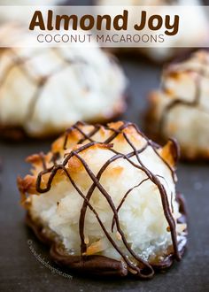 coconut macaroons with chocolate drizzled on top and the words almond joy