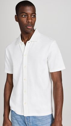 Vince Variegated Jacquard Button Down | Shopbop Spring Short Sleeve Polo Shirt, Casual Short Sleeve Polo Shirt With Buttons, Casual Jacquard Knit Tops For Summer, Summer Casual Jacquard Knit Tops, Classic Relaxed Fit Polo Shirt With Buttons, Classic Polo Shirt With Relaxed Fit, Classic Collared Short Sleeve Shirt For Daywear, Short Sleeve Cotton Polo Shirt With Textured Knit, Relaxed Fit Short Sleeve Polo Shirt With Buttons