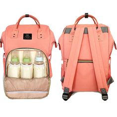 two backpacks with baby bottles in the back and one on the side, both pink