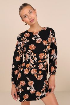 Nothing feels better than finding the perfect, easy-to-wear outfit, like the Lulus Darling Simplicity Black Floral Linen Cutout Mini Dress! Lightweight, linen-blend fabric (with a chic brown floral print) shapes long balloon sleeves with tying cuffs. Crew neck bodice boasts a flirty cutout back, with a functional loop button placket at the top. High waist has elastic at the back, atop a flaring skirt that ends at a mini hem. Fit: This garment fits true to size. Length: Mid-thigh. Size medium measures 34" from shoulder to hem. Bust: Great for any cup size. Waist: Fitted - elastic waist allows stretch. Hip: Not Fitted - fuller skirt allows room for hips. Undergarments: May be worn with an adhesive bra, petals, or no bra. Fabric: Fabric has no stretch. Lined. Shell: 70% Rayon, 30% Linen. Lini Mini Dress Floral, Cutout Mini Dress, Brown Floral Print, Adhesive Bra, Flattering Dresses, Mini Dress Casual, Weekend Outfit, Brown Floral, Wearing Clothes