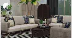 a living room filled with lots of furniture next to a zebra print flooring area