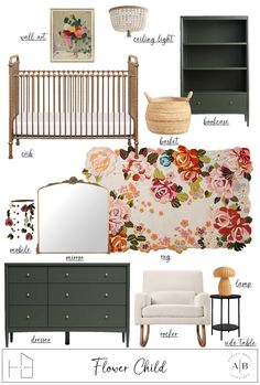 a baby's nursery room with flowers on the wall and furniture in different colors