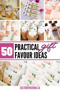 the words practical gift for favors are shown in this collage with images of flowers and jars