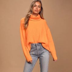 Nwt. Treat Yourself To A New Trendy Piece Like The Lulus Brightly Pleased Orange Oversized Knit Turtleneck Sweater! Cozy, Medium-Weight Knit, In A Vibrant Orange Hue, Makes This Sweater Perfect For Taking On The Neon Trend! The Tunic-Style Silhouette Starts At A Slouchy Turtleneck, Then Carries Into Long Sleeves With Drop Shoulders, And An Oversized Pullover Bodice For A Comfy, Relaxed Fit. Unlined. Self: 50% Acrylic, 50% Cotton. Hand Wash Cold. Imported. Style 1005642 Shipping From Fpo Address Orange Oversized Sweater, Brown Turtleneck Sweater, Cream Turtleneck Sweater, Turtleneck Tunic Sweater, Oversized Turtleneck Sweater, Cable Knit Turtleneck Sweater, Cropped Knit Sweater, Ribbed Turtleneck Sweater, White Turtleneck