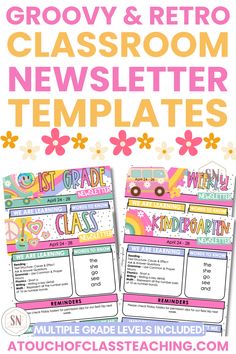 the grooy and retro classroom newsletter templates with text overlay