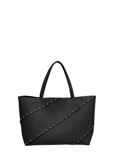 "Find VALENTINO Wispy Large Rockstud Leather Tote Bag on Editorialist. Valentino Garavani \"Wispy\" calfskin leather tote bag with signature metal Rockstuds Shoulder straps Open top Interior, flap pouch Approx. 10.6\"H x 15\"W x 6.7\"D Made in Italy" Everyday Studded Bags, Elegant Leather Bag With Studs, Elegant Studded Leather Bags, Woven Leather Tote, Large Leather Tote Bag, Craft Tote Bag, Large Leather Tote, Valentino Rockstud, Black Tote