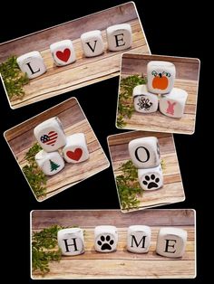 four different pictures of rocks with the words love and dog paw prints on them, sitting on top of a wooden table