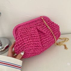 Style: Vintage Shape: Hobos Main Material: Straw Lining Material: Polyester Interior: Cell Phone Pocket Hardness: SOFT Decoration: Chains Closure Type: OPEN [xlmodel]-[photo]- Pink Beach Bag, Rattan Handbags, Summer Fashion Women, Straw Weaving, Cloud Bag, Wicker Bags, Vintage Clutch, Pink Beach, Small Handbag