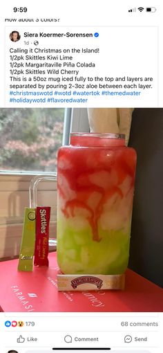 a red table topped with an ice cream sundae next to a window