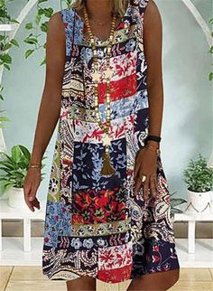 Women Beach Dress Loose Casual Pluse Size Short sleeve cotton Linen Print Summer Dresses Linen Casual Dress, Midi Dress Chic, Printed Casual Dresses, Floral Dress Casual, Printed Summer Dresses, Linen Casual, Long Sleeve Print Dress, Crewneck Dress