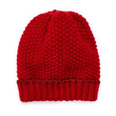 a red knitted beanie hat on a white background