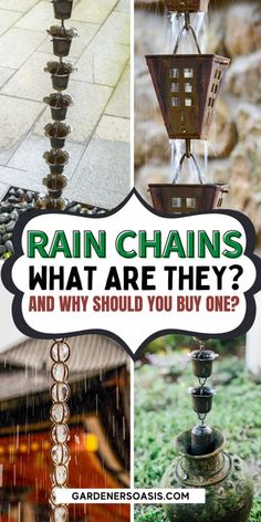 rain chains hanging from the side of a building with text overlay that reads, rain chains what are they and why should you buy one?