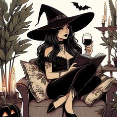 a woman sitting on a couch with a glass of wine in her hand while wearing a witches hat