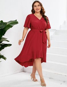 Fabric name: polyesterSkirt length: medium and longCollar type: V-neckSleeve type: flared sleeveSleeve length: short sleevesColor: redSize: XL,2XL,3XL,4XL,5XL Elegant Red Short Sleeve V-neck Dress, Summer Burgundy V-neck Midi Dress, Red Short Sleeve V-neck Dress, Red V-neck Midi Dress, Red V-neck Short Sleeve Dress For Party, Red Short Sleeve V-neck Dress For Spring, Red V-neck Midi Dress With Ruffle Hem, Red V-neck Dresses With Ruffle Hem, Burgundy Midi Dress With Short Sleeves For Summer