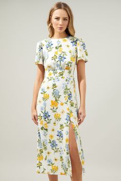 Printed Dress For Women, Fit And Flare Summer Dress, Blue And Yellow Floral Dress, Amalfi Coast Dress, Spring Floral Dresses, Easter Dress 2024, White Floral Bridesmaid Dresses, Summer Midi Dress Outfit, Floral Midi Dress Wedding