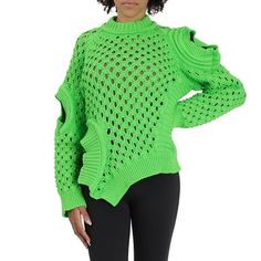 Stella McCartney Ladies Tops. Fashion category: Cardigans & Sweaters. SKU: 6K0011 3S2326-3801. Color: Green Fluo. Stella McCartney Ladies Green Fluo Oversized Textured Mesh Sweater. The Stella McCartney sweater features an all-over textured mesh knit, dropped shoulders, graphic cut-outs on the elbow, adjustable tie at the neckline, split side hems, exaggerated stitches, ribbed trims and hem. 87% Cotton; 13% Polyamide. Made in Italy. Size: 6.  Gender: female.  Age Group: adult. Fringe Sweatshirt, Tweed Sweater, Mesh Sweater, Asymmetrical Sweater, Sweater Trends, Jacquard Sweater, Cashmere Blend Sweater, Knitwear Fashion, Bell Sleeve Sweater