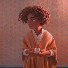 an animated character holding a cup and saucer in front of a wallpapered background