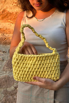 Yellow Rectangular Crochet Bag With Handles, Yellow Crochet Bag With Handles For Everyday Use, Yellow Crochet Rectangular Bag, Handmade Yellow Pouch Bag, Yellow Crochet Rectangular Shoulder Bag, Everyday Yellow Crochet Shoulder Bag, Handmade Yellow Crochet Pouch Bag, Yellow Crochet Bag For Everyday Use, Everyday Handmade Yellow Shoulder Bag