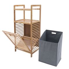 two wooden shelves and a trash can are shown in this image, one has a grey bag next to it