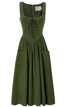 Farm Chores Midi Dress Moss Linen – Fashion Brand Company Farm Chores, Structured Skirt, Looks Kate Middleton, Farm Dress, Linen Fashion, Free Dresses, Creation Couture, The Animals, Looks Vintage