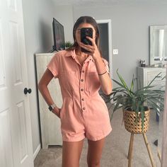 Never Worn!!! Such A Cute Piece Just A Tad Too Short On Me (I’m 5”4) Pockets! Message Me For Questions Make Me An Offer Pink Short Sleeve Casual Jumpsuits And Rompers, Casual Pink Short Sleeve Jumpsuits And Rompers, Pink Short Sleeve Casual Jumpsuit, Jean Romper, Pink Jeans, Make Me An Offer, Too Short, Rompers Women, Message Me