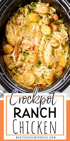 Overhead view of a crockpot with chicken, potatoes, and carrots in a rich gravy. Recipes With Ranch Packet, Crockpot Ranch Chicken, Crock Pot Chicken Recipes, Ranch Chicken Recipe, Ranch Chicken Crockpot, Ranch Packet, Ranch Chicken Recipes, Easy Crockpot Dinners