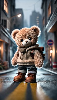 a teddy bear with a backpack standing on the street