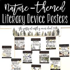 the nature - themed library device posters are organized on a white board with black lettering