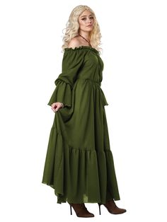 Live the life of a hard-working yet stunning peasant girl this Halloween when you get dressed up in our Olive Renaissance Peasant Chemise Costume for Women. With your purchase, you will receive a gorgeous olive green dress with a styled ruffle design on the sleeves and skirt. Pair this look with a small dagger and a wig from our site, and you'll be ready for whatever comes your way this Halloween. Buy your peasant girl costume today! Fall Peasant Prairie Dress, Green Peasant Top For Fall, Vintage Peasant Dress For Fall, Olive Green Dress, Costume For Women, Ruffle Design, Olive Green Dresses, Girl Costumes, Costumes For Women