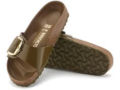 Birkenstock: Madrid Big Buckle High Shine Mud Green Madrid Big Buckle, Birkenstock Sandal, Birkenstock Madrid Big Buckle, Birkenstock Styles, Leather Making, Calf Muscles, Birkenstock Sandals, Birkenstock Madrid, Metal Pins